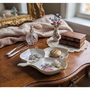 Vintage Mitterteich Bavaria Floral Leaf Dish - 3 Section Relish Jewelry Tray